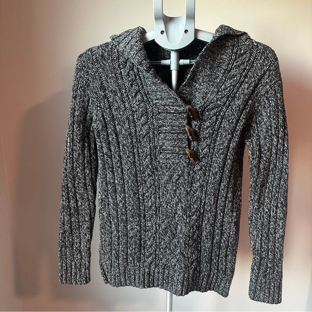 Hand Knit Navy Cream Cable Knit Hooded Toggle Sweater S/M Coastal Gran Nautical